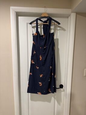 Navy Floral Halter Midi Dress with Faux Button Front